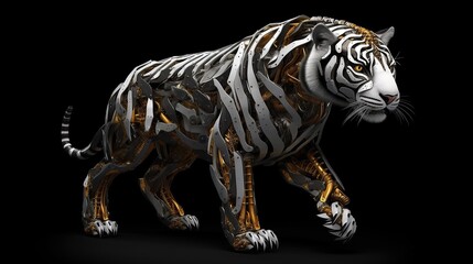 Metallic robotic tiger with detailed mechanical parts illustration on black backdrop