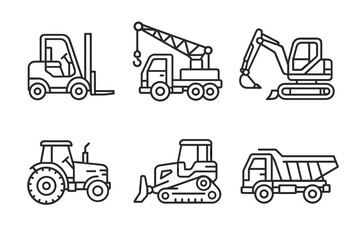 Fototapeta premium Outline icons of construction vehicles: forklift, crane, excavator, tractor, bulldozer, dump truck