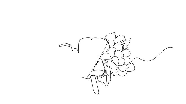 Self drawing animation of continuous one line drawing 2 stacked grape popsicles and grapes with leaves. Enjoy the sweet and sour taste of grapes in popsicle. Grape Popsicle Day. Full length animated