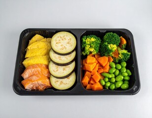 Divided tray salmon, egg, eggplant, broccoli, beans, sweet potato