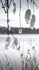 Winter's grip Snowy branches over a calm lake scenery