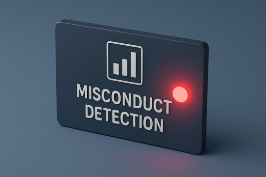 Serious misconduct detection visualization of HR analytics on system card with glowing red indicator. This corporate technology concept represents warning alert for investigation