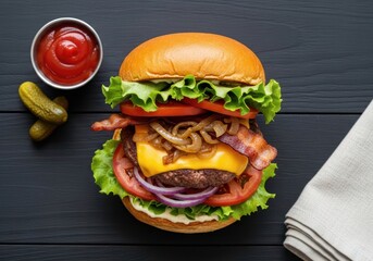 Gourmet Bacon Cheeseburger with Caramelized Onions, Cheddar & Brioche — Top View