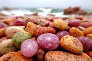 Colorful pebbles on a shore, beach, ocean blurred background