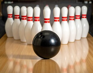 Naklejka premium A close-up shot of a black bowling ball positioned at the center, facing a set of white bowling pins with red stripes
