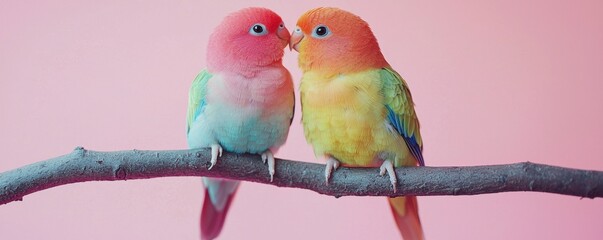 Two adorable rainbow lovebirds snuggling on a branch against a pastel pink background