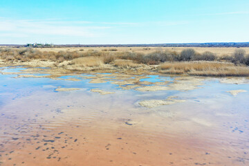 Aerial photography of a lake drought, climate change landscape, drying up reservoir, aerial view, environmental problem