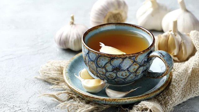 A rustic ceramic cup filled with a warm, amber-colored liquid, such as a comforting garlic tea or herbal broth, sits prominently on a matching patterned saucer. A fresh, peeled garlic clove gently flo