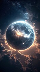 Glowing planet rising above stormy clouds, cosmic view