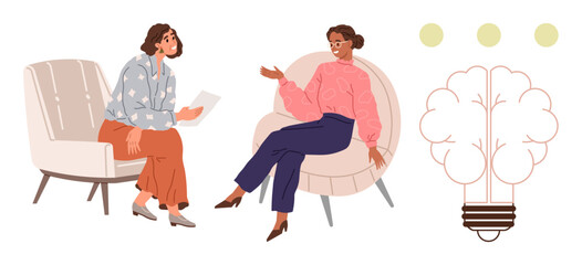 Two women seated in conversation, exchanging ideas as a light bulb with a brain design symbolizes creativity. Ideal for brainstorming, collaboration, education, mentorship, teamwork, innovation
