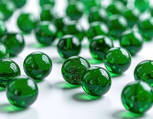 Green glass marbles scattered across a white surface