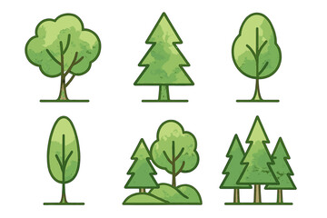 Collection of simple green tree icons with watercolor effect