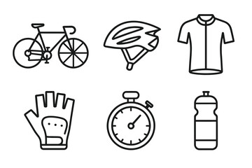 Cycling essentials: bike, helmet, jersey, gloves, stopwatch, bottle icons