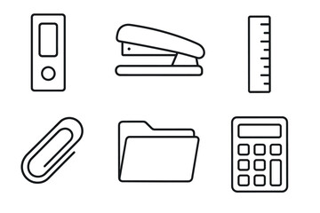 Outline icons of office supplies: stapler, ruler, calculator, folder, paperclip, tape