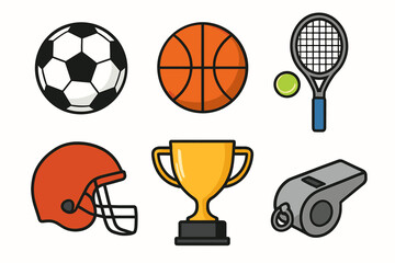 Sports equipment icons featuring soccer ball, basketball, tennis racket, helmet, trophy, whistle