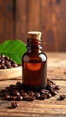 Coffee bean extract in amber glass, wood background