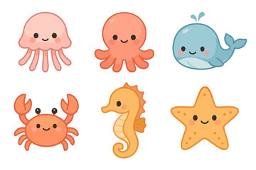 Cute cartoon sea creatures: jellyfish, octopus, whale, crab, seahorse, starfish for kids