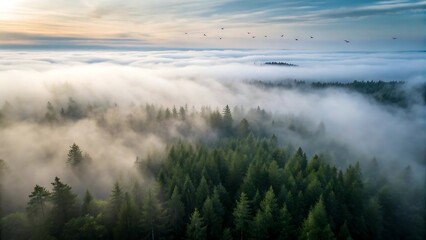 Drone view above vast fog covered forest canopy sunrise