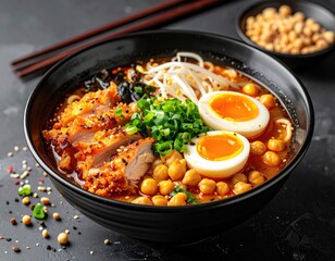 Ramen bowl chicken, egg, sprouts, rich broth. Tasty meal