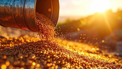 Grains spill from a metal bucket, sunlit, golden field