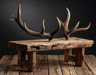 Two ornate antlers rest upon a weathered wooden table against a dark background, a rustic aesthetic