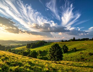 Verdant hills meet stunning sky, showcasing unique cloud formations and peaceful, golden light