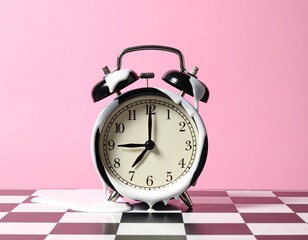 Melting clock on checkered floor, pink background