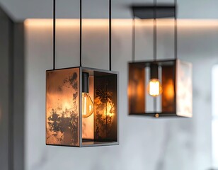 Square pendant lamps with warm, glowing Edison bulbs