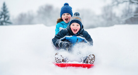 Two cheerful children riding a red sled down a snowy hill, laughing and enjoying funny outdoor holiday adventures.