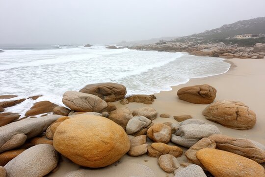 Foggy shore, gentle waves rolling over sand and scattered boulders