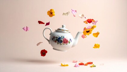 Floating teapot surrounded by flower petals on soft pink