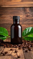 Dark bottle amid coffee beans, leaves on wooden surface