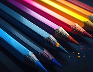 Row of vibrant colored pencils with shavings on dark surface
