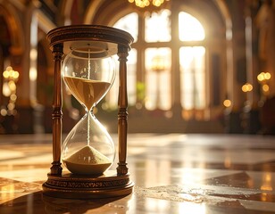 Hourglass, sands shift, light-filled room, ornate