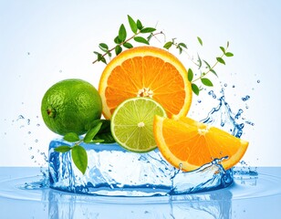 Citrus fruit on ice cube with water splash, refreshing