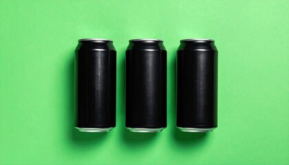 Three sleek black cans aligned on a vibrant green backdrop