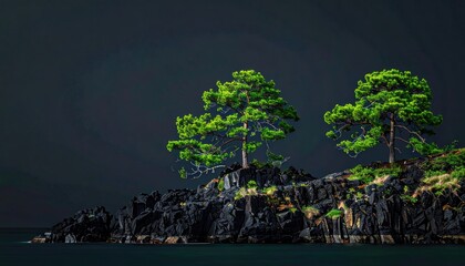 Rocky outcrop with green trees under a dark sky