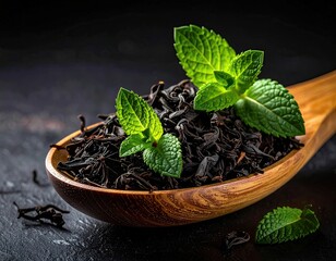 Tea & mint. Wooden spoon, dark background, refreshing