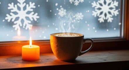 Fototapeta premium Cozy window view steaming drink, candle glow, falling snow, warm contrast