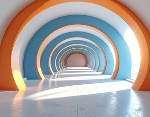 Obraz premium Arcuate hallway orange, blue, white, light, perspective