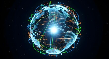 Digital Earth globe with a glowing network of interconnected lines, symbolizing global communication, data transfer, technological connectivity, and the widespread flow of information