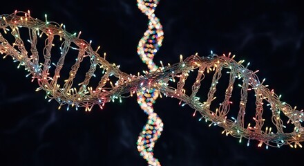 DNA helix models lit with festive string lights against dark blurry background