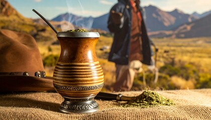 Wooden mate cup with yerba mate and bombilla on a burlap cloth, with a hat and mountain backdrop