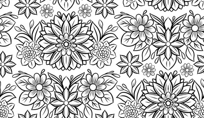 Vector seamless pattern with contour decorative flowers and leaves on white background. Elegant tracery outline texture.