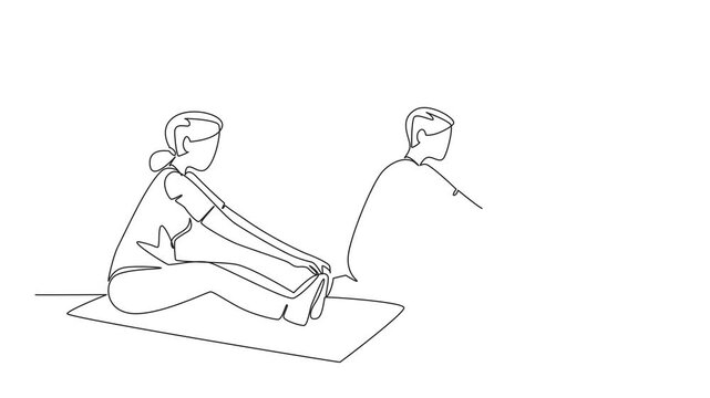 Self drawing animation of continuous one line drawing a pair of grandparents stretching legs on the fitness mate. Cooldown. Pilates. Yoga. National Senior Health and Fitness Day. Full length animated