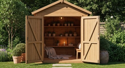 Open wooden shed with shelves of potted plants, blanket, and candles in garden