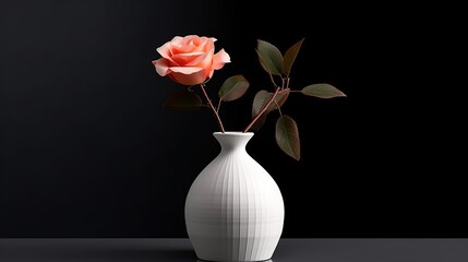 Peach Rose in a Sleek White Vase Against a Stark Black Backdrop Still Life