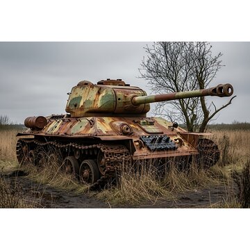 Abandoned T-34 Tank in Field - A Relic of History.