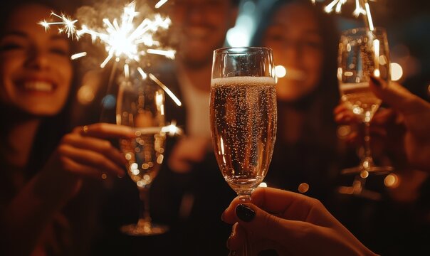 Festive celebration with close-up of champagne glasses and sparklers creating a dazzlingly vibrant ambience
