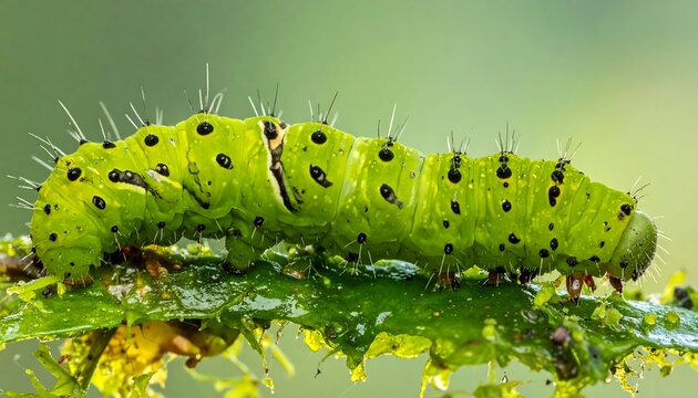 Vibrant green caterpillar crawls on a chewed green leaf in a blurred background